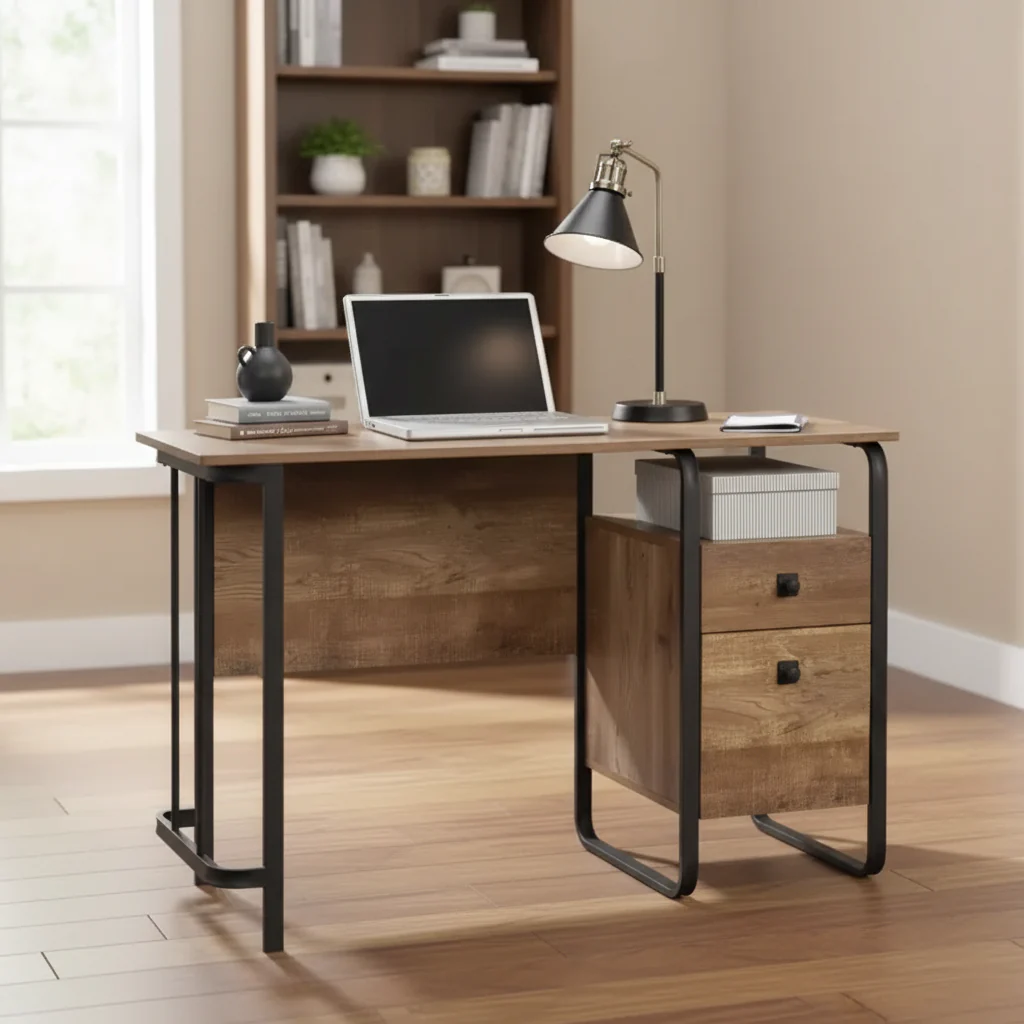 47 Inch Industrial Computer Desk - 2 Drawers, 1 Open Shelf, Metal Frame, Oak Finish