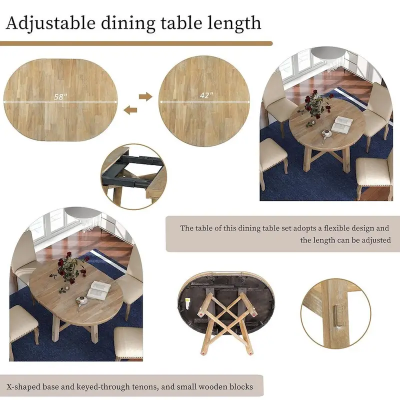 Wooden Round Drop Leaf Extendable Dining Table Set with 4 Upholstered Chairs