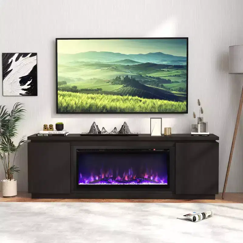 Fireplace TV Stand for TVs up to 80'', Electric Fireplace with 3 Adjustable Shelves, Black/White