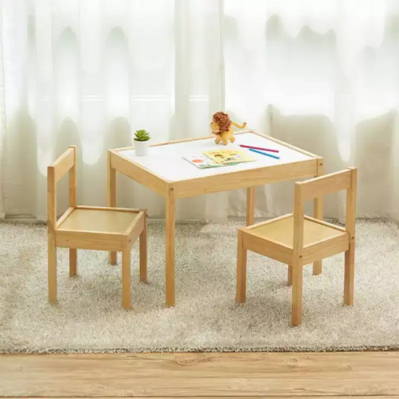 PJ Wood 3 Piece Solid Rubberwood Table and Chairs Set with Natural Finish, Rounded Edges and Corners, and Wipeable Dry Erase Surface