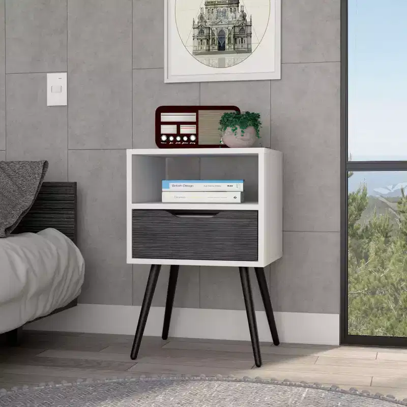 Designed for everyday convenience, this Otom Nightstand , Superior Top, One Open Shelf, One Drawer, Four Legs -Smokey Oak / White offers a.