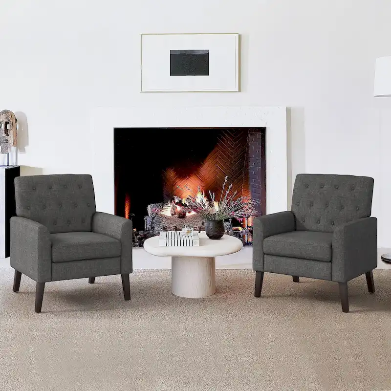 LUE BONA Linen and Walnut Legs Mid Century Modern Button Tufted Accent Chair (Set of 2) - 33.86 H X 27.95 W X 29.53 D