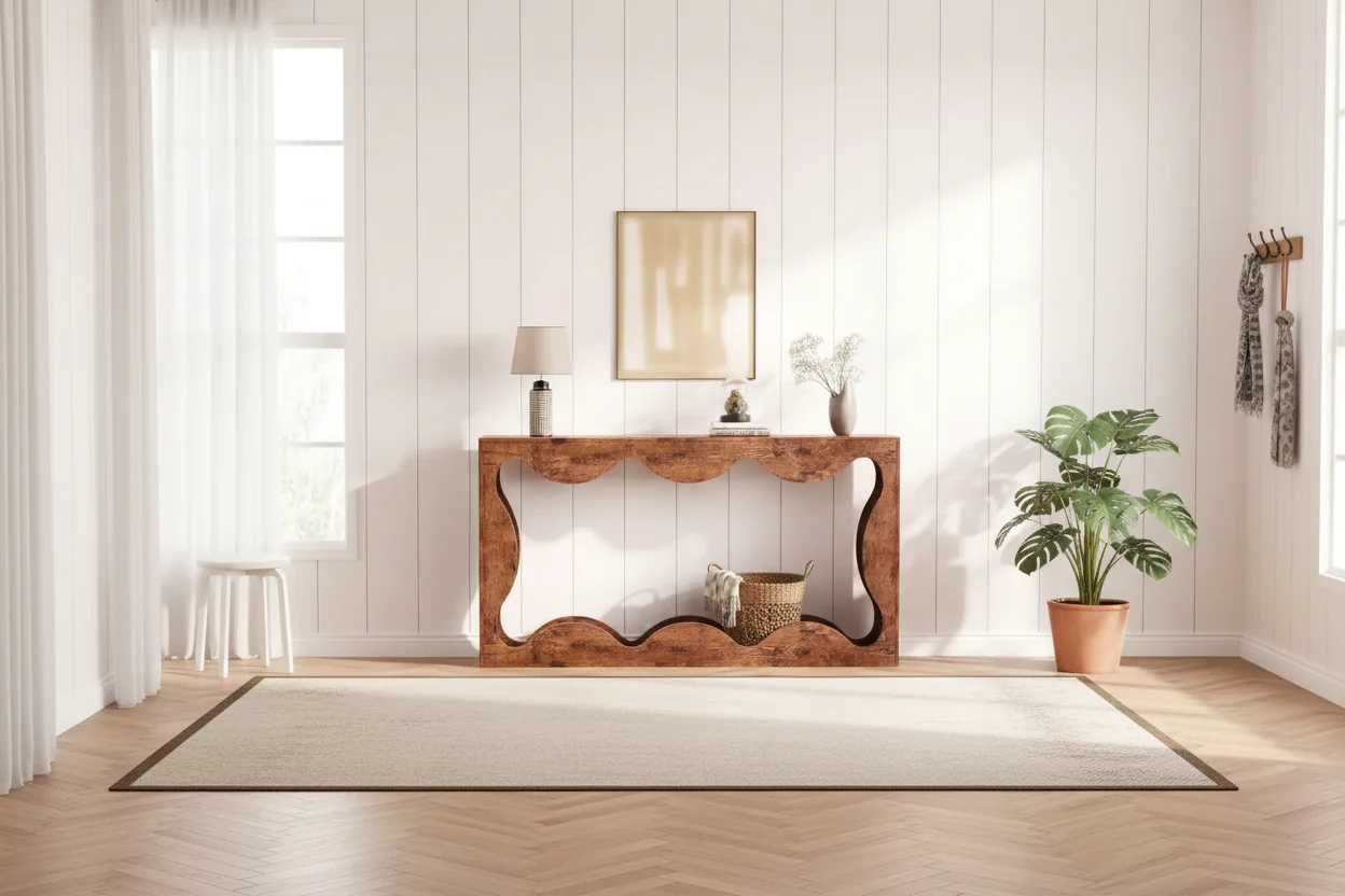 63-Inch Scalloped Entryway Console Table, Narrow Wooden Sofa Table for Living Room, Hallway and Entrance