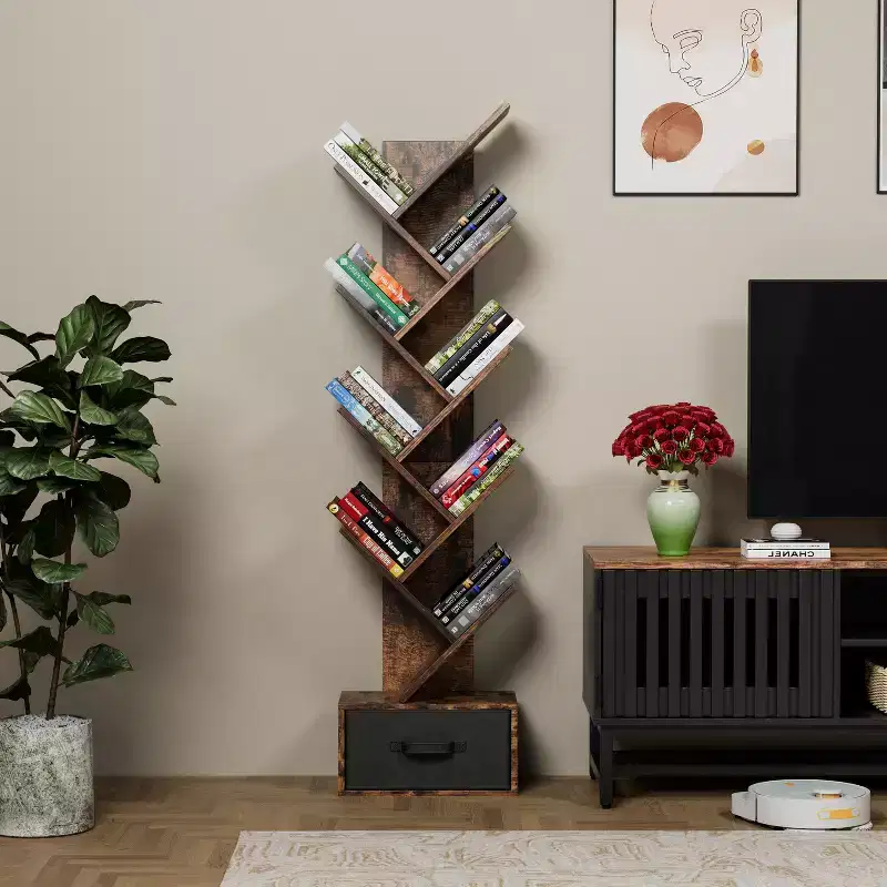 MAYEERTY 9 Tier Tree Bookshelf with Drawer Bookshelf Modern Book Storage Free Standing Tree Bookshelf Rustic Brown for Living Room Bedroom