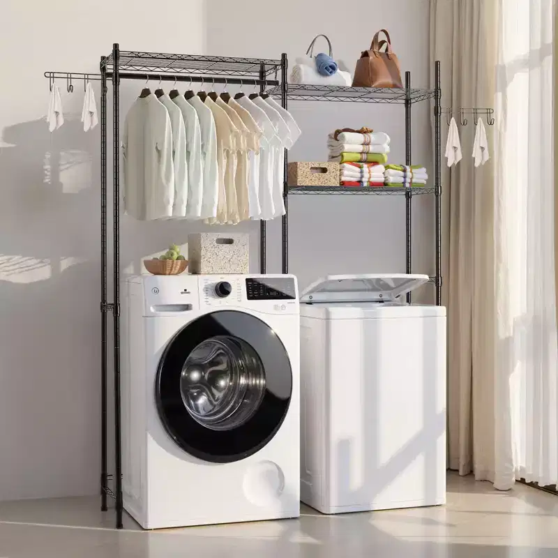 VEVOR Over Washer and Dryer Storage Shelves, 5 Tiers Laundry Room Drying Rack with Hanger Rod and Hooks, Two Rows Washer Shelves Space Saver, Black