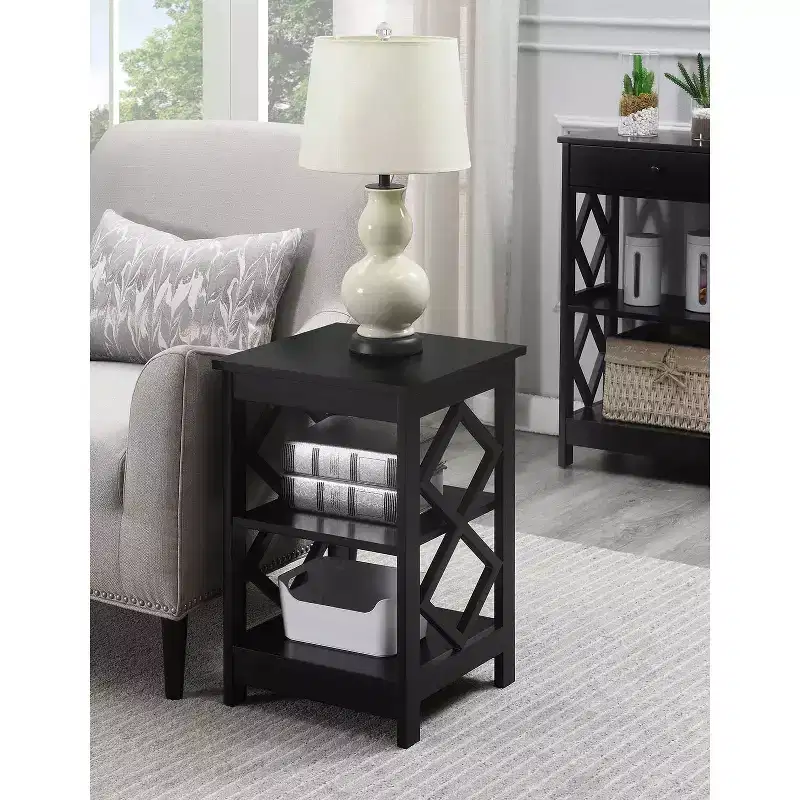 HomeStock Belmont Diamond End Table with Three Spacious Shelves, Contemporary Cut Out Design, Multi Purpose Storage Accent Table for Home Dcor