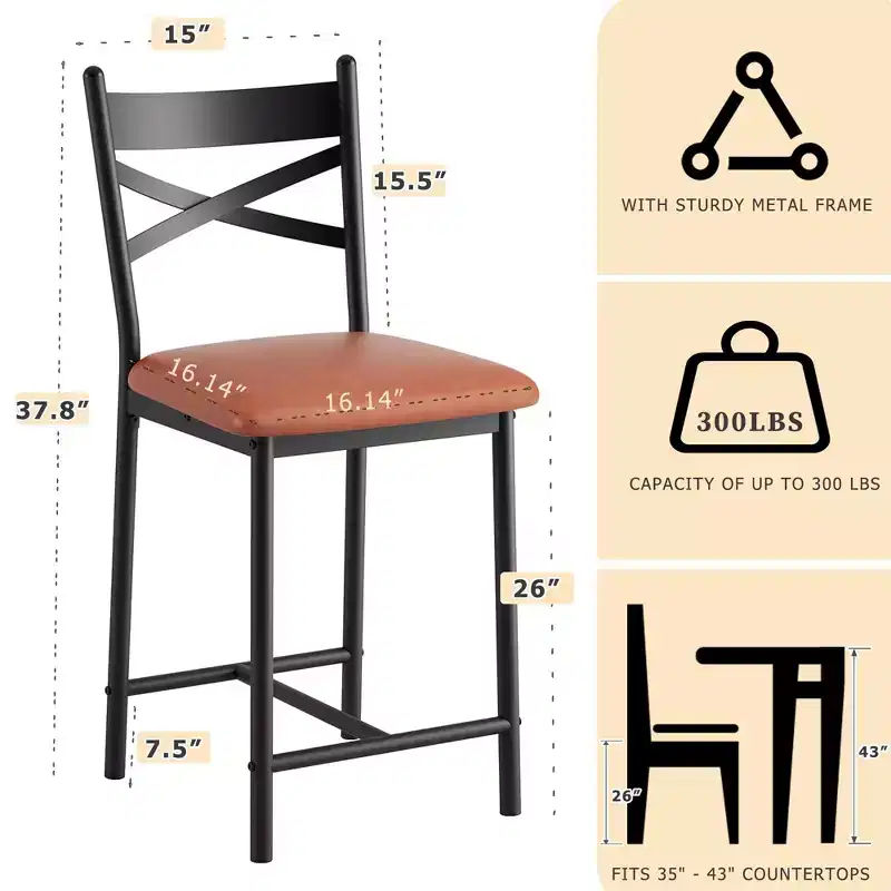 Black PU Leather Counter Height Bar Stool, Curved High Back, Armless, Set of 2 or 4