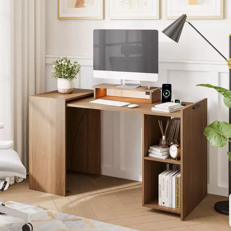 Hausource Foldable Extendable Computer Desk Writing Workstation Study Table with Hutch Charging Station