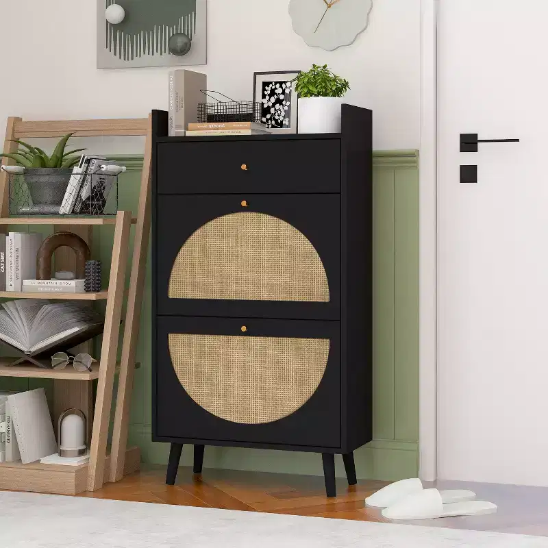 Modern Shoe Cabinet with Rattan Detailing, MDF Frame, Pine Wood Legs, and 1 Drawer+2 Flip Drawers, Multi-Shelf Storage Unit