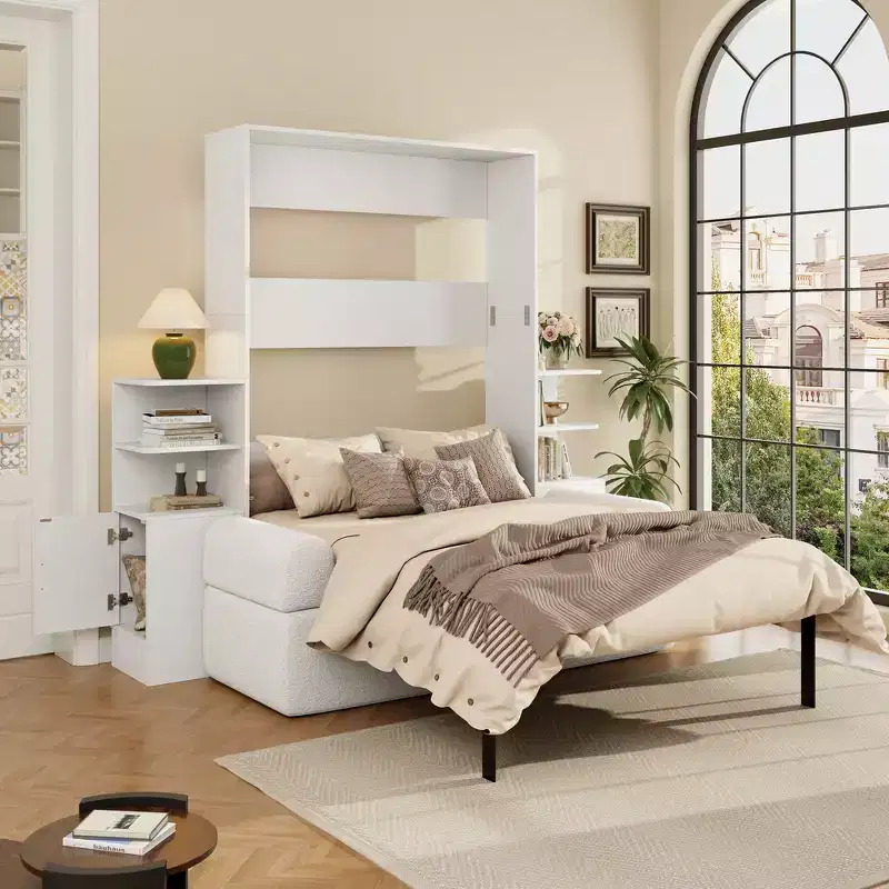 Whisen Queen Wall Murphy Bed Frame with Sofa and Storage Cabinets, Space-Saving Wall Bed