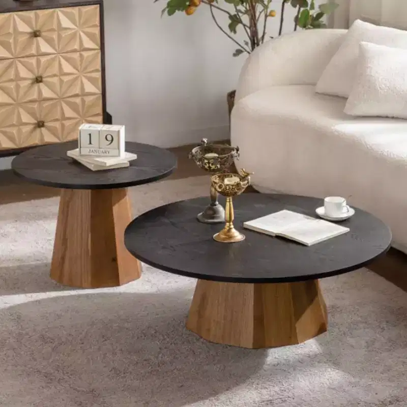 Round Coffee Table with Real Bark Pattern Veneer and Sturdy Pedestal Base