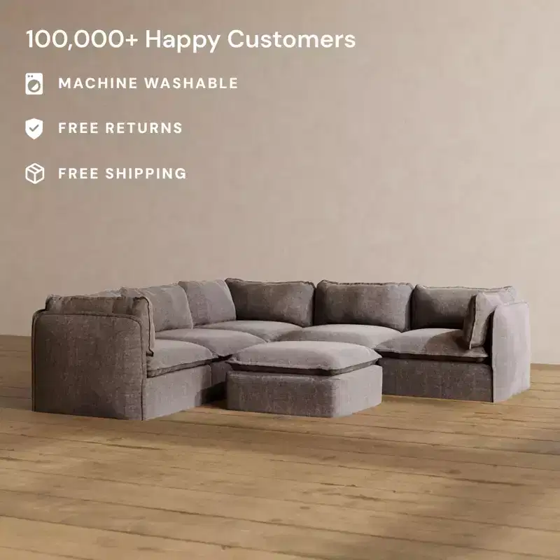 Anabei Modular Washable 5-Seater Corner Sofa Sectional + Ottoman | Deluxe+ Seat & Cloud Pillow