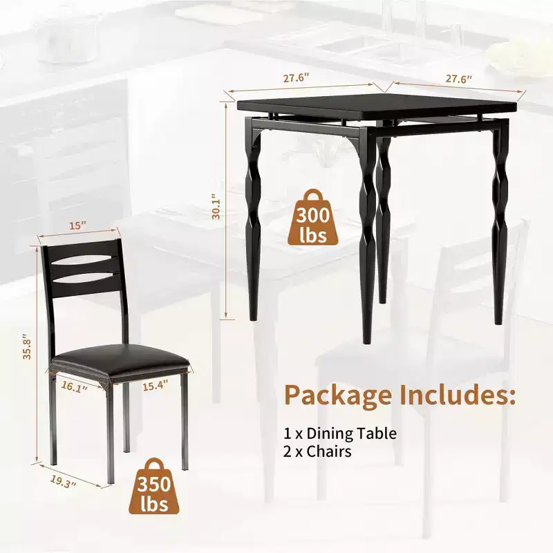 3 Piece Dining Table Set, Dining Table and Chairs Set of 2 with Spiral Legs, Dining Set for 2, Suitable for Small Spaces, Kitchen, Apartment