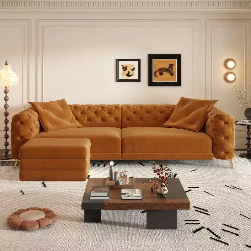 Orange Velvet 3-in-1 Convertible Sofa Bed with Ottoman, Seats 4