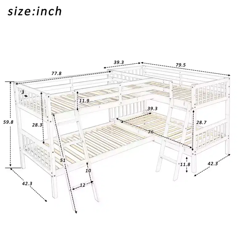 Twin over Twin Bunk Bed for 4 Kids, L-Shaped Solid Wood Bunk Bed Frame for Bedroom