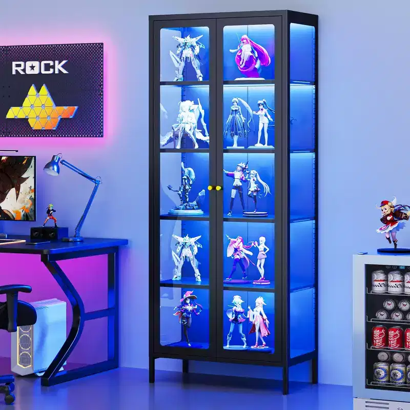 Bekrvio 67H 3-Side Glass Display Cabinet With LED Lights,5-Layer Storage with Double Doors and Metal Frame for Collectibles, Ideal for Small Spaces