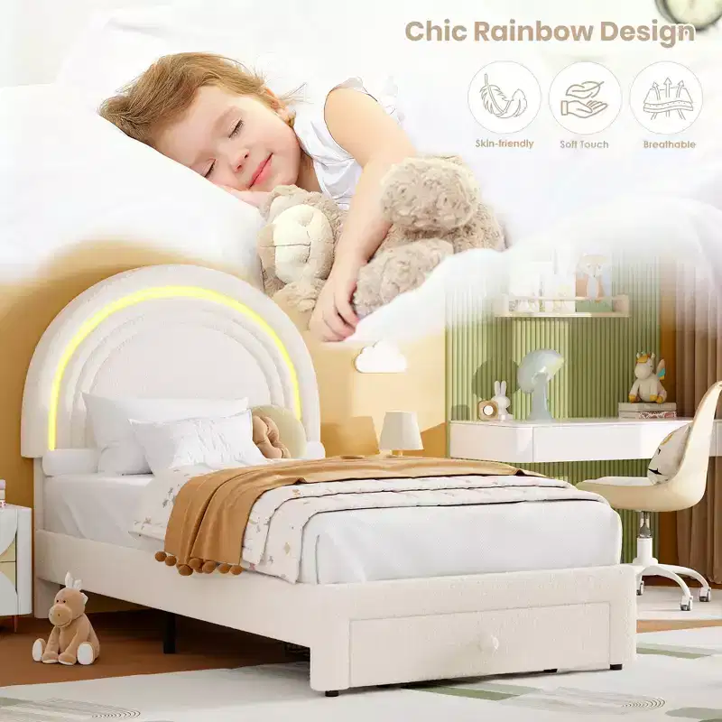 Twin Upholstered LED Bed Frame - with Storage Drawer and Rainbow Headboard, Berber Fleece Princess Platform Bed for Kids, Solid Wood Slats Support