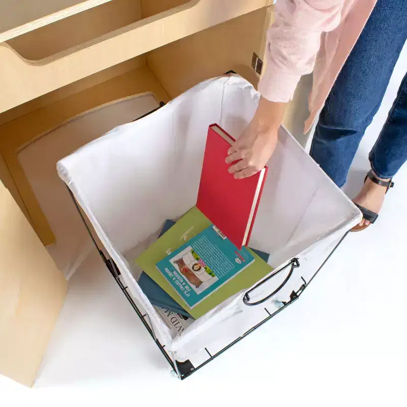 Kids Library Book Drop Cabinet with Locking Doors & Fabric Bin, Birch Plywood
