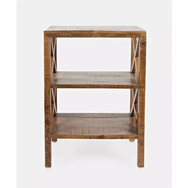 Solid Wood Rustic Modern X-Side Accent Table with Two Shelves - Gold Color