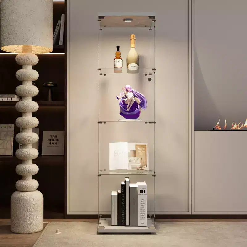 LED Lights Glass Display Cabinet 4 Shelves with Door Floor Standing Curio 64.7x16.7x14.3 Inches Living Room Bedroom Office White
