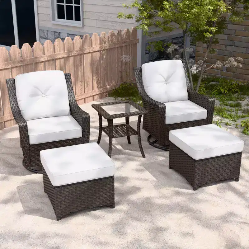 EAGLE PEAK Azure Bay 5 Pieces Wicker Outdoor Patio Furniture Set, Swivel Rocking Chairs with Ottomans, Side Table