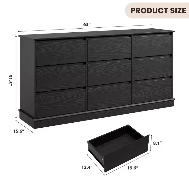 9-Drawer Black Wood Dresser, Horizontal Chest with Deep Drawers & Wide Top, Double Storage for Bedroom, Kids Room, Closet, Living Room