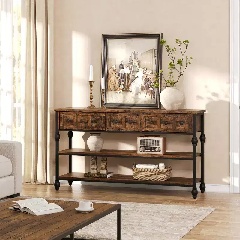 52 Industrial Console Table with 3 Storage Drawers & 3 Tiers, Metal Sofa Table for Living Room, Hallway & Entryway