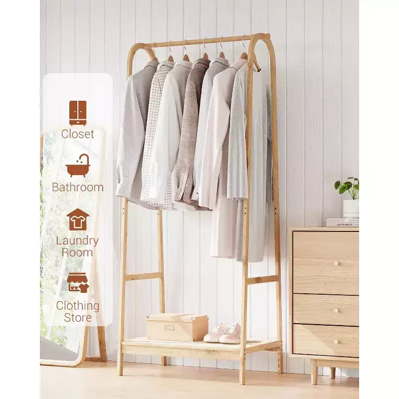 Clothing Rack with Storage Shelf, Bamboo Freestanding Garment Rack for Bedroom, Balcony, Clothes Store, Clothing Storage Organizer, Wood