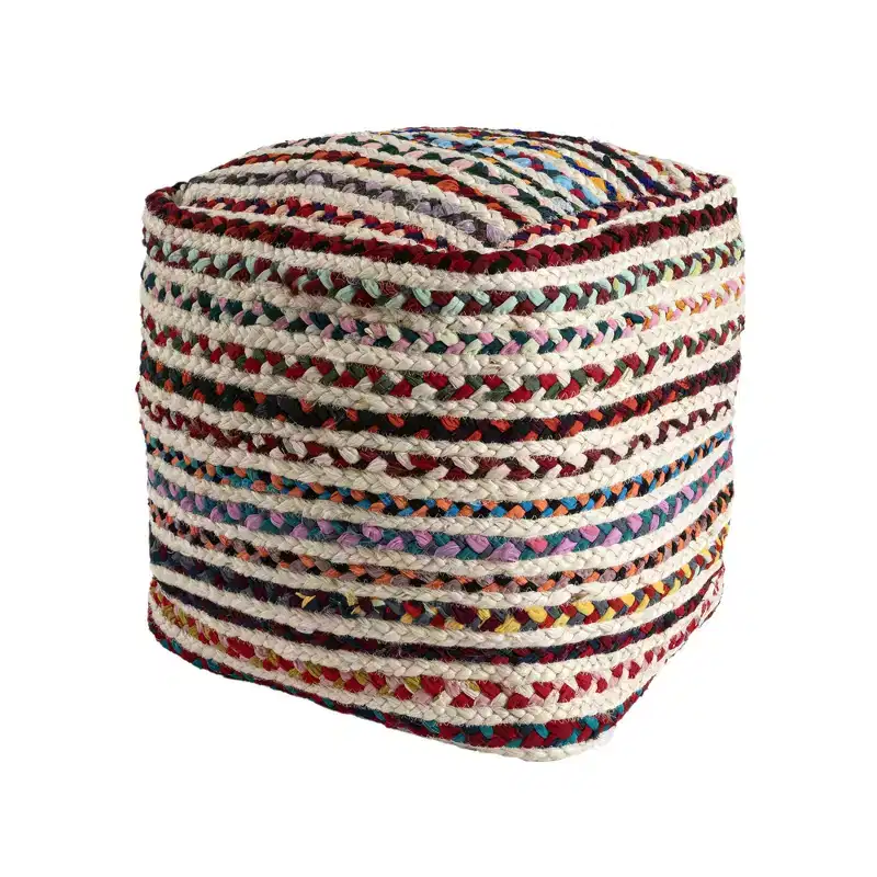 18 Natural and Rainbow Braided Jute Blend Striped Pouf Ottoman