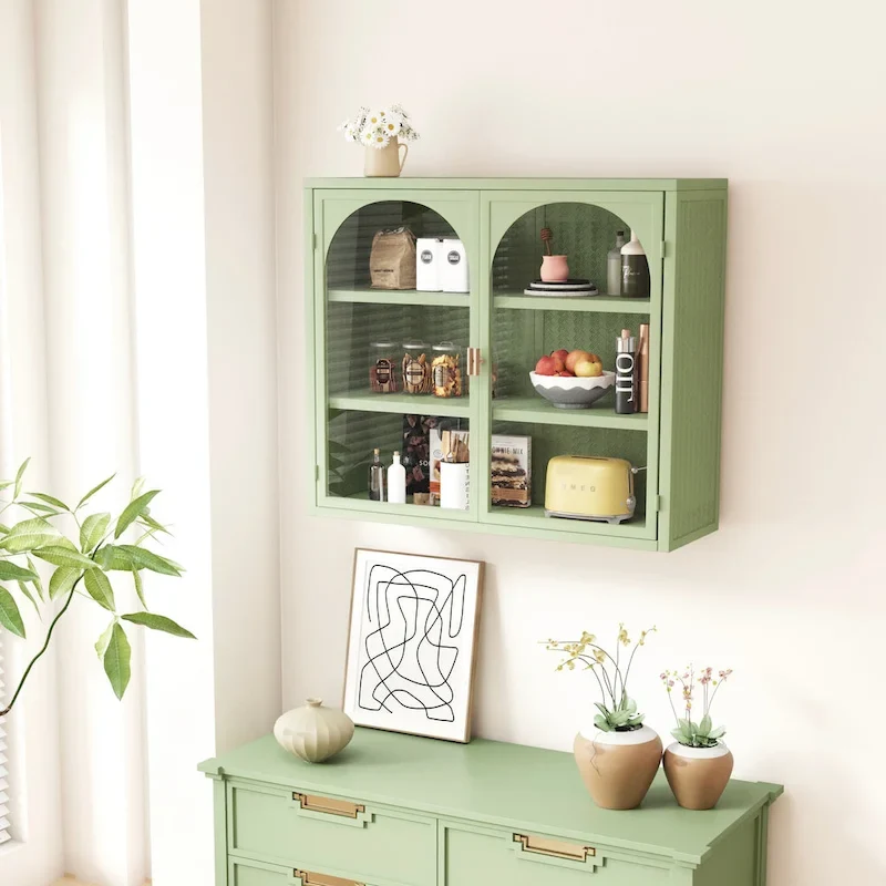Modern Two-door Wall Cabinet with Glass Doors and Detachable Shelves for Entryway, Living Room, Bathroom