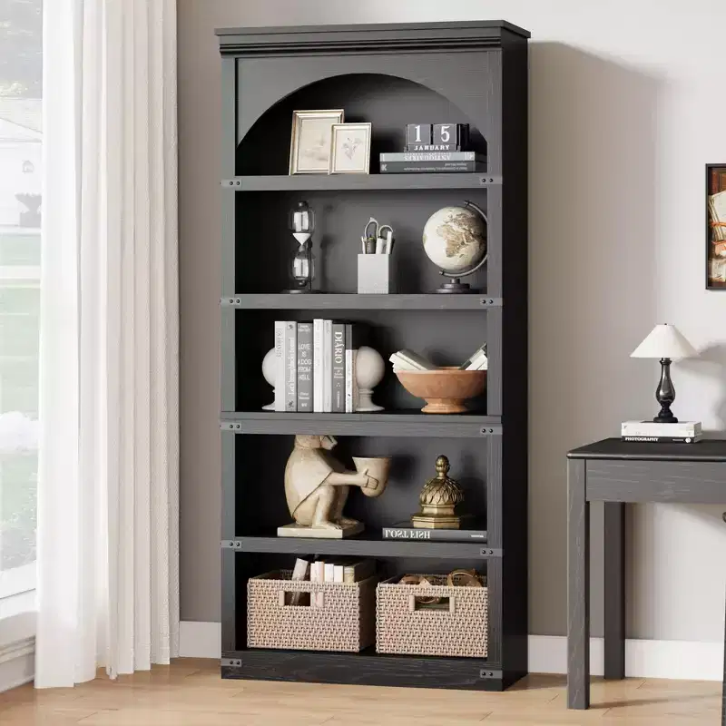 Farmhouse Arched Bookcase, 68.7 Tall Bookshelf w/Arche Design, Wooden Arch Bookshelf with Wooden Base, 5 Tier Bookshelves Rustic Vintage Book Shelf
