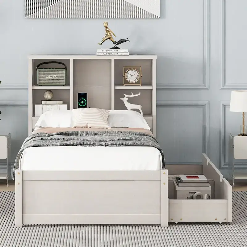Modern Twin Size Bed Frame With Built-in USB Port on Bookcase Headboard and 2 Drawers for