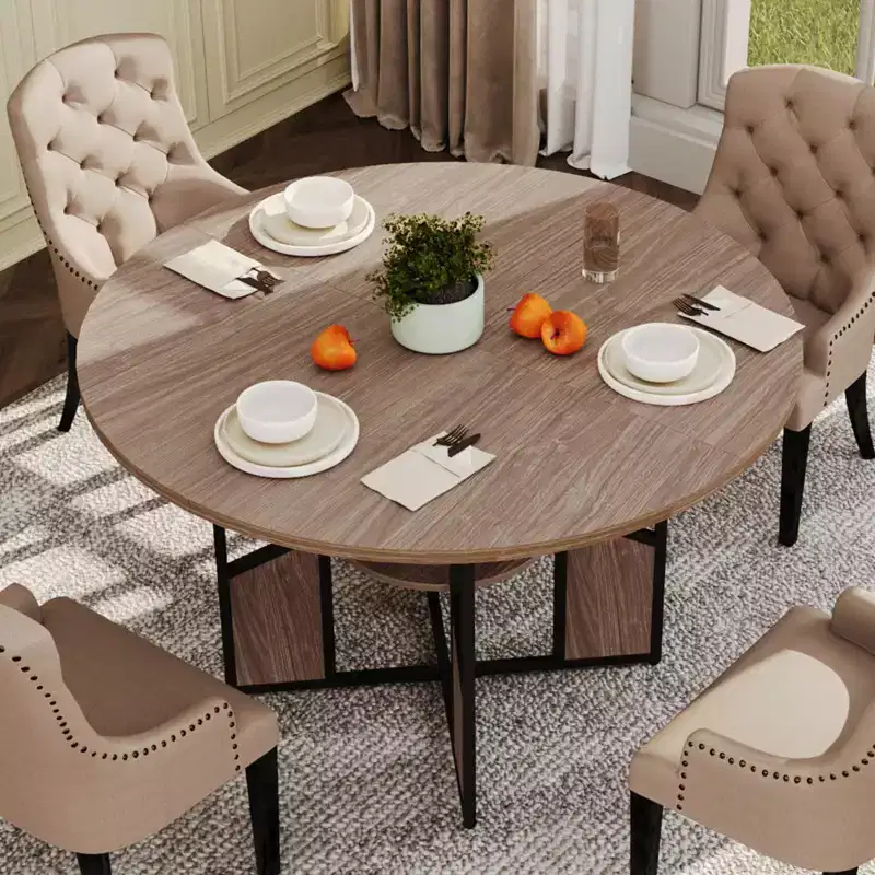 Round Dining Table for 4-6 People - Modern Farmhouse Wooden Circle Kitchen Table with Storage Shelf, Waterproof Tabletop Breakfast Nook Furniture
