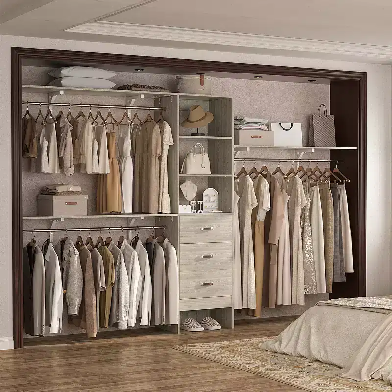 120-In Closet Organizer System with Wood Drawers, DIY Wardrobe with Hanging Rods and Storage Shelves