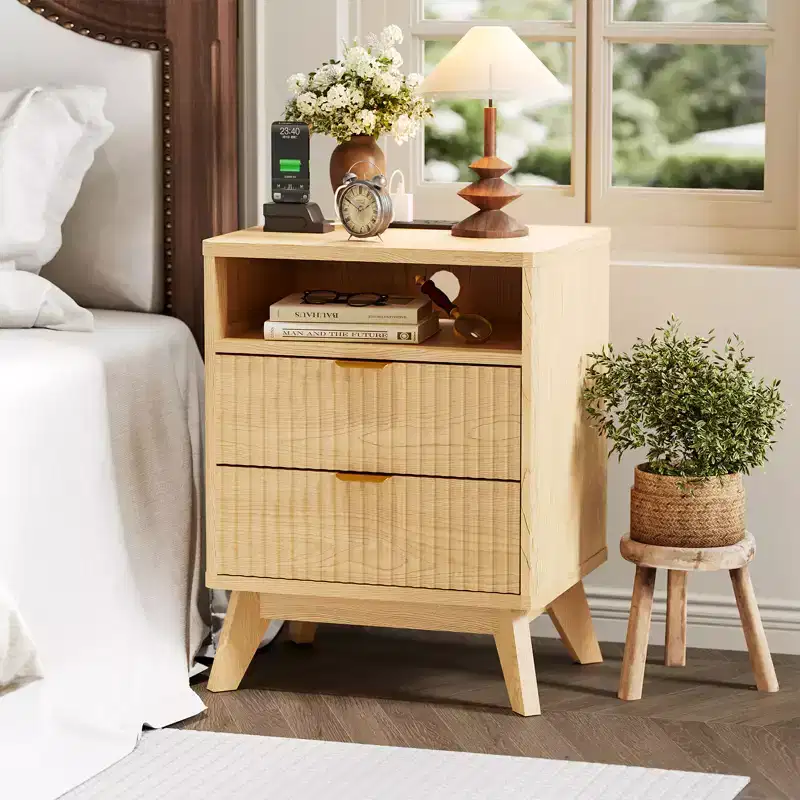 CuisinSmart Modern Fluted Night Stand with USB Charge Station, 2 Drawer Filing Cabinets, Bedside End Tables for Living Room Bedroom Home Office