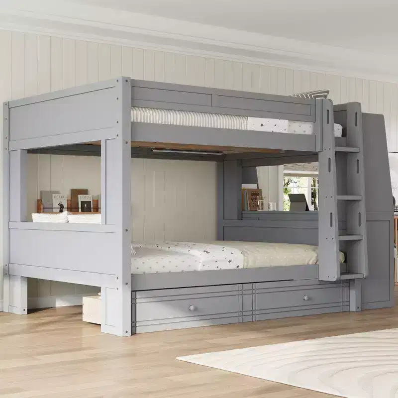 Whisen Full Size Bunk Bed & Bed Frame with Desk and Bookshelves, Drawers, Ladder