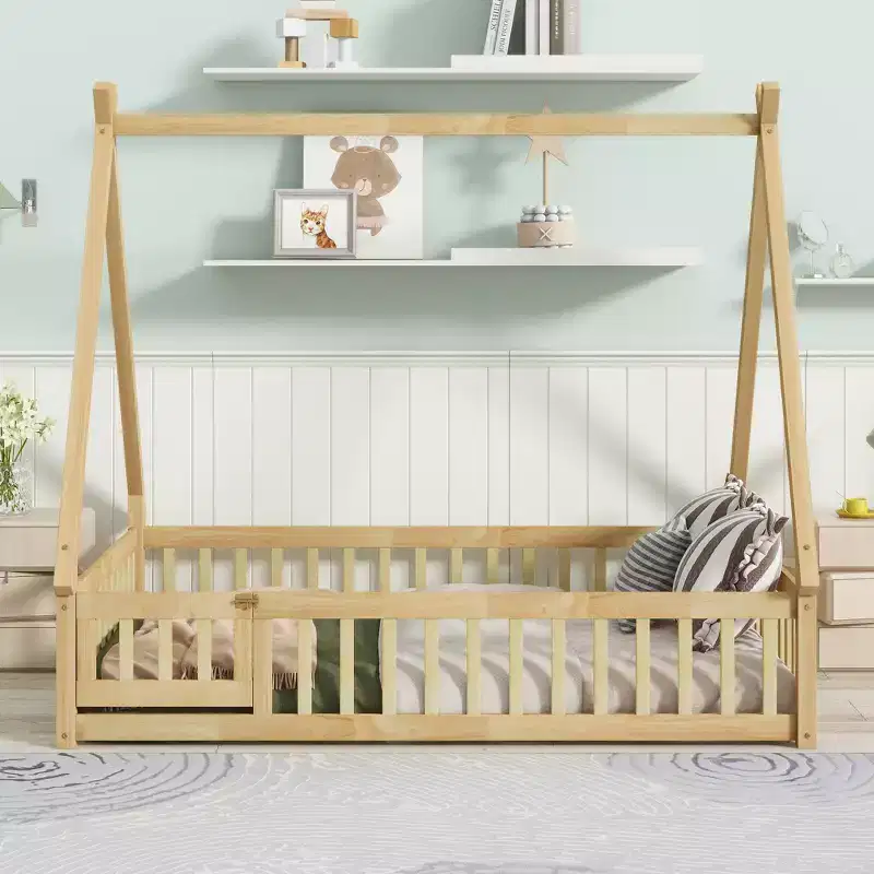 Tent-shaped Twin/Full Floor Bed Frame with Guardrails - ModernLuxe