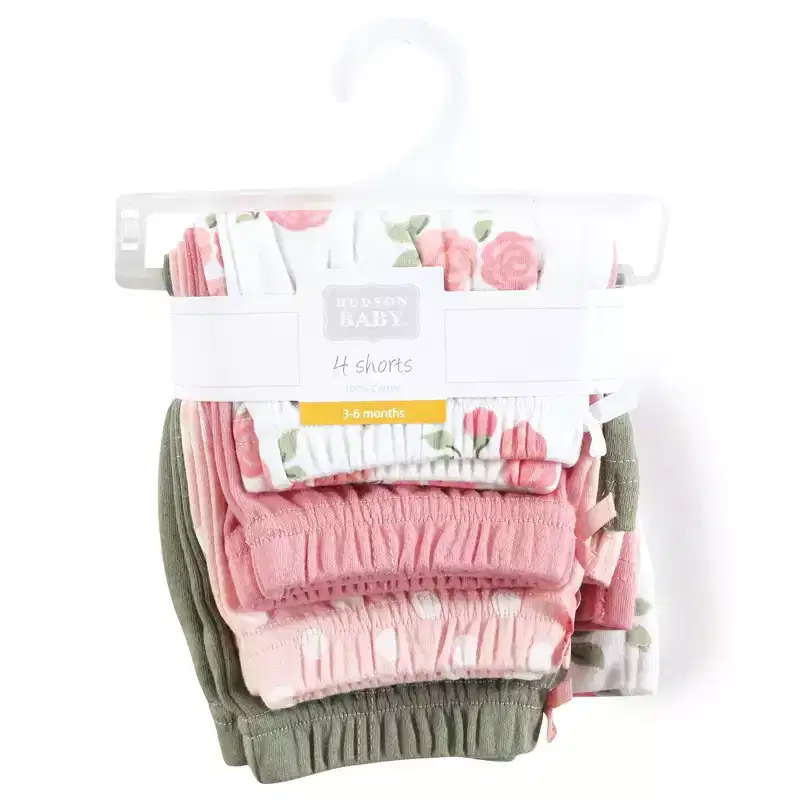 Hudson Baby Infant Girl Shorts Bottoms 4-Pack, Soft Pink Roses