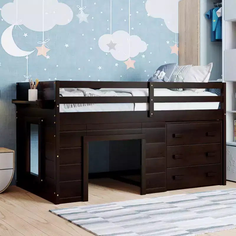 Low Loft Bed with Storage for Kids, Wood Twin Size Loft Bed with Cabinet and Shelf for Girls Boys