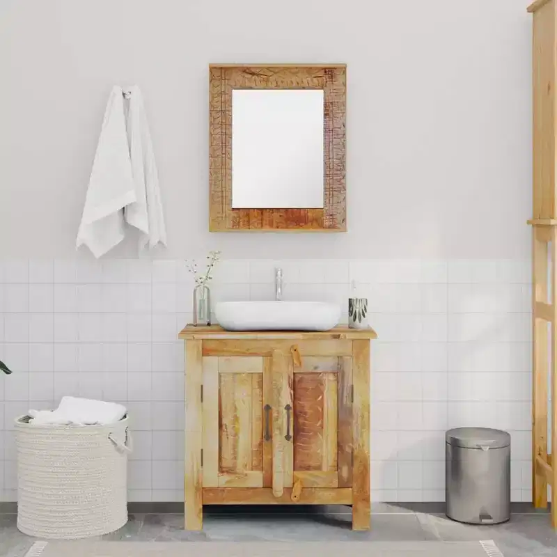 Solid Mango Wood Bathroom Vanity Cabinet with Antique-Style Mirror - Unique, Sturdy, 23.6 Cabinet with 2 Shelves and Wood Grain Variation