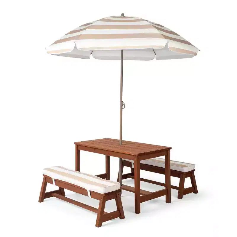 Karl Home Kids Wood Rectangle Outdoor Picnic Table and Bench with Umbrella and Cushion