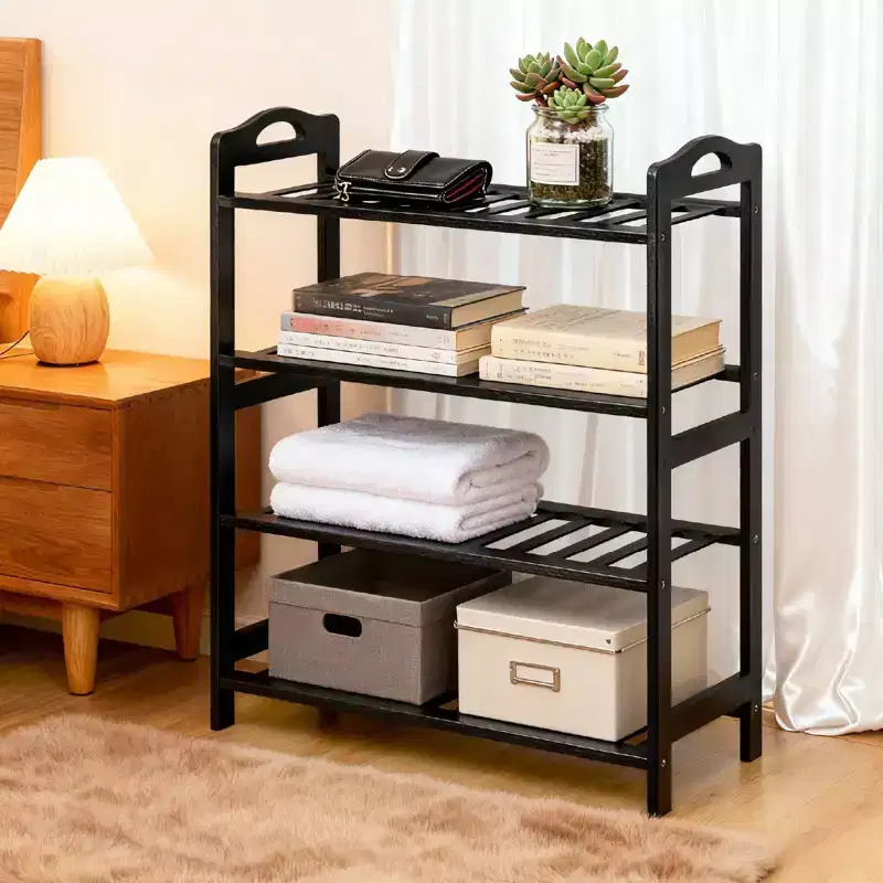 4-Tier Portable Bamboo Shoe Rack 12 Slats Black 26.8 Inch