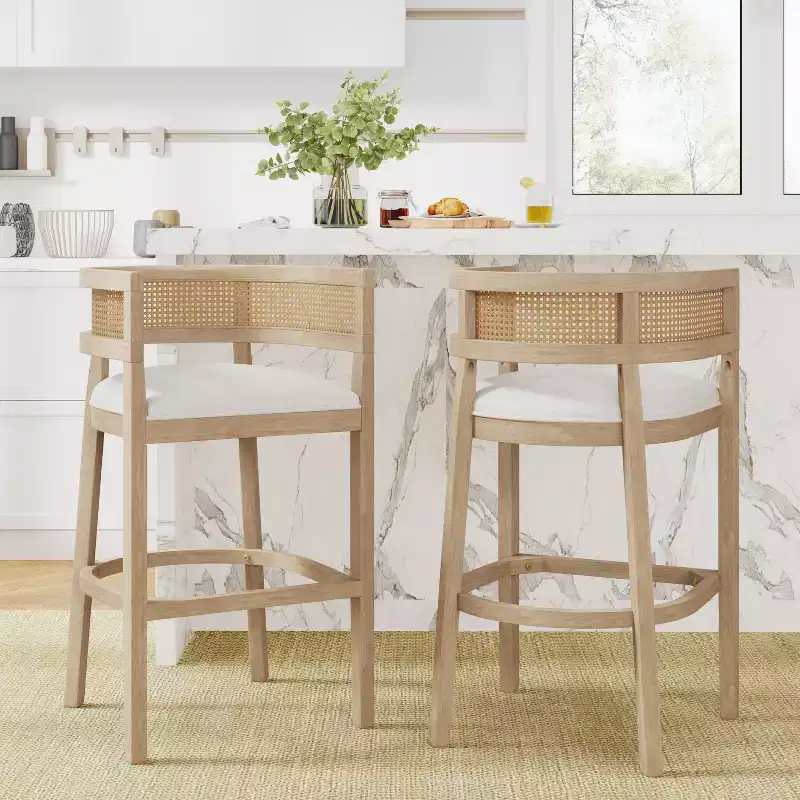 Christopher Knight Home Marie Contemporary Rubberwood Upholstered Bar Stools with Curved Rattan Back (Set of 2)