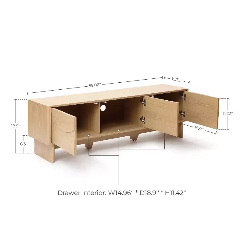 LuxenHome Modern 59 TV Console with 3 Doors, Geometric Carved Front, Light Wood, Manufactured Wood Brown