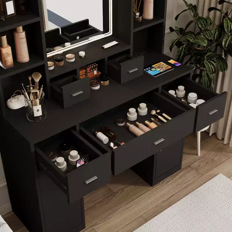 Lighted Vanity Table with Drawers, Storage Cabinet & Dressing Pad for Bedroom
