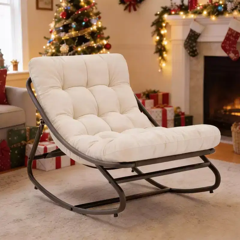 Oversized Papasan Rocking Chair – White Indoor/Outdoor Egg Chair with Thick Cushion (450 lbs Capacity)