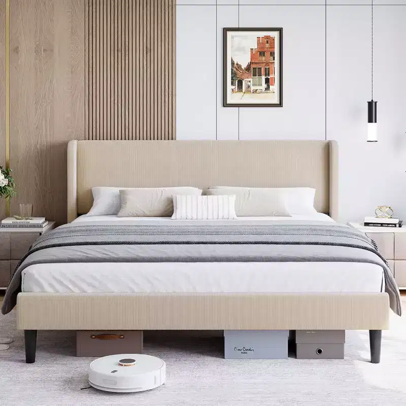 Upholstered Bed Frame with Wingback Headboard, Beige Velvet Platform Bed with Storage Pockets, Solid Wooden Slats, Noise-Free Design