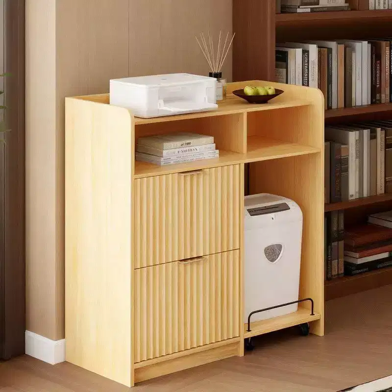 2 Drawer Wooden File Cabinet with Mobile Side Cart Wood Grain Finish Fluted Design