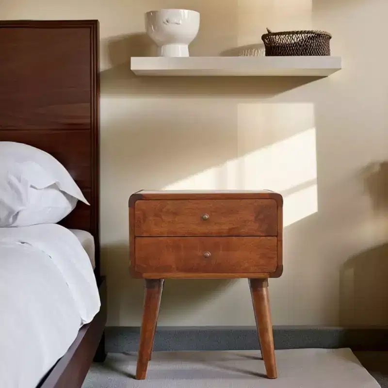 Modern Mango Wood Curved Nightstand with 2 Drawers