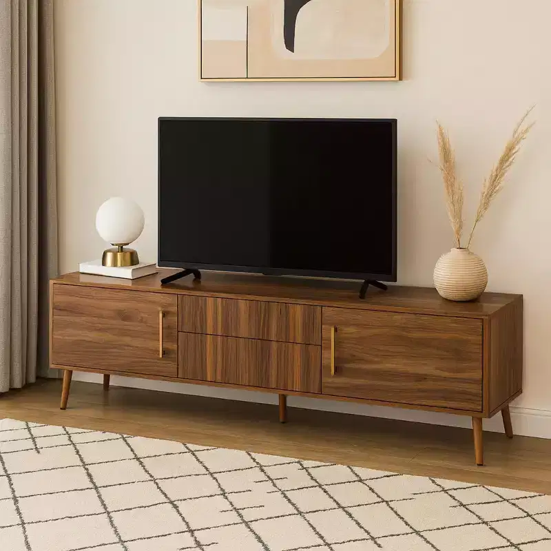 Homy Casa Mid-Century Walnut TV Stand with Solid Frame and Enclosed Storage for Living Room